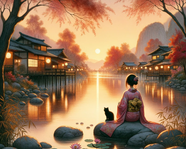 Sunset Scene with Woman in Kimono by River