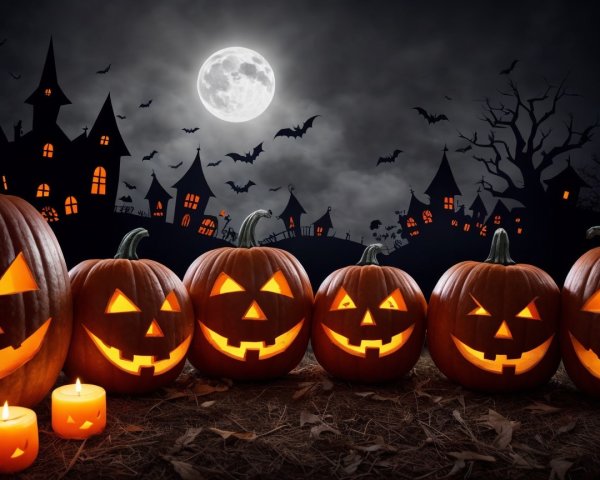 Halloween Scene with Glowing Jack-o'-Lanterns and Bats