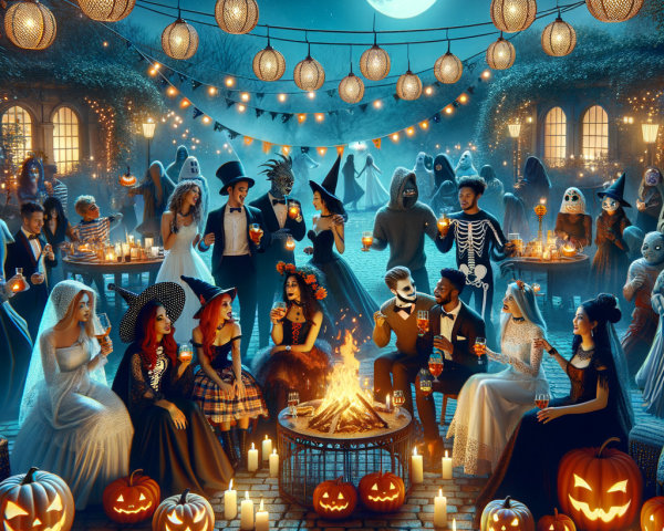 Halloween Party Scene with Costumes and Lanterns