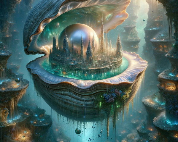 Surreal Underwater Landscape with Luminous City