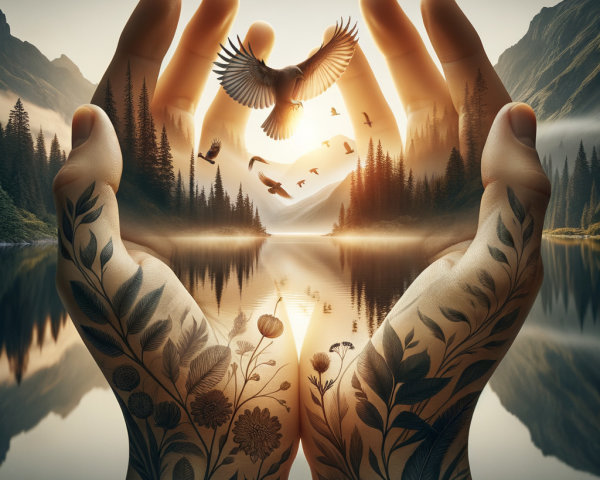 Tattooed Hands Cradling a Serene Natural Landscape