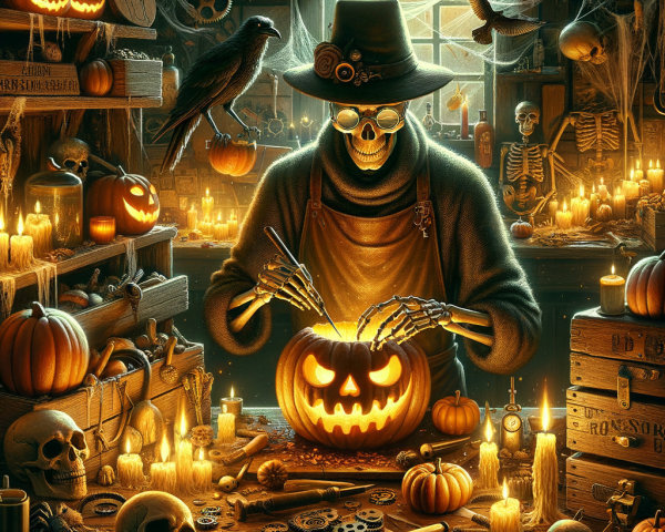 Skeletal Figure Carving Pumpkin in Spooky Workshop