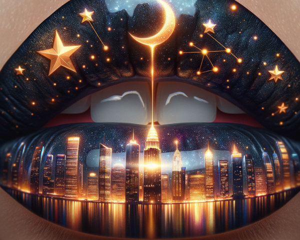 Cosmic-Themed Luscious Lips with City Skyline Design