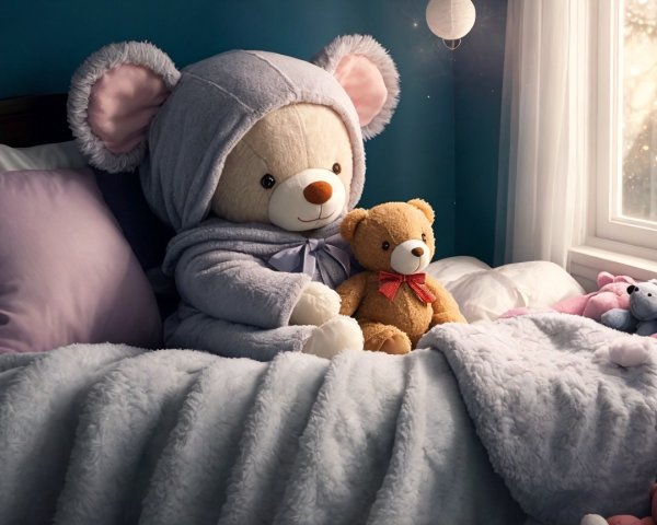 Cozy Bedroom Scene with Fluffy Teddy Bears and Plush Toys