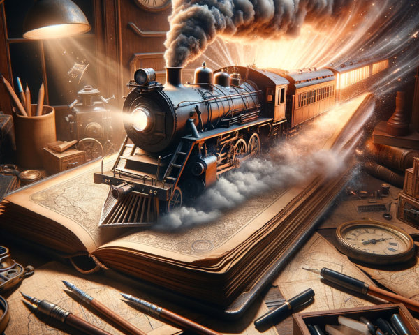 Vintage steam train emerging from an open book scene