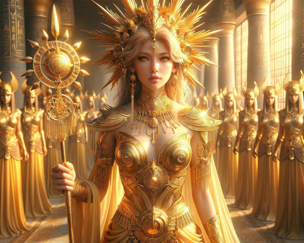 Regal Figure in Golden Armor with Celestial Staff