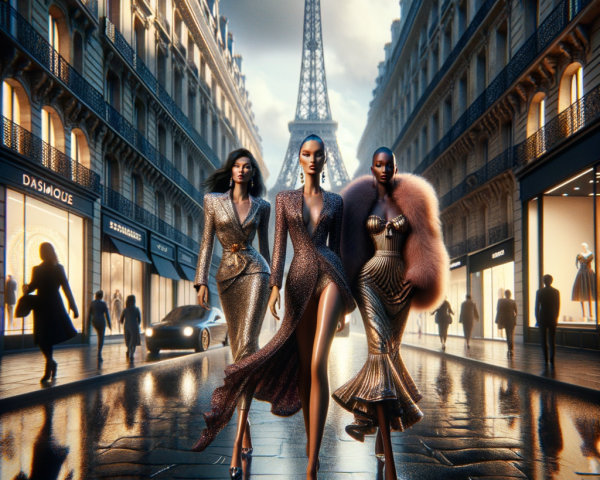 Fashion Models in Golden Dresses on Paris Street