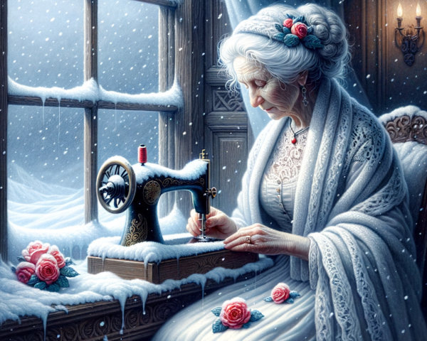 Elderly Woman Sewing by Snow-Dusted Window