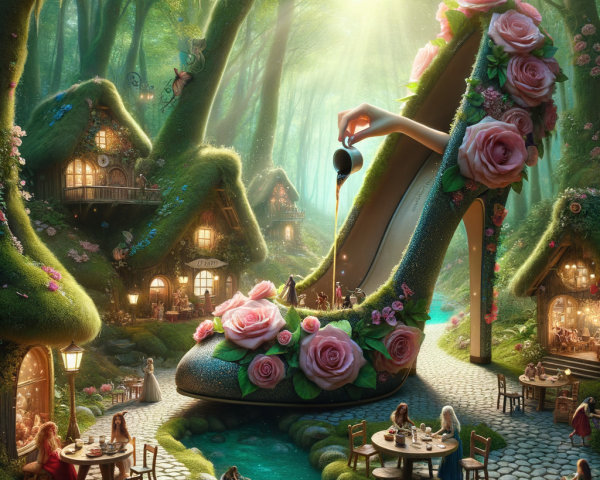 Oversized High Heel Surrounded by Fairies and Cottages