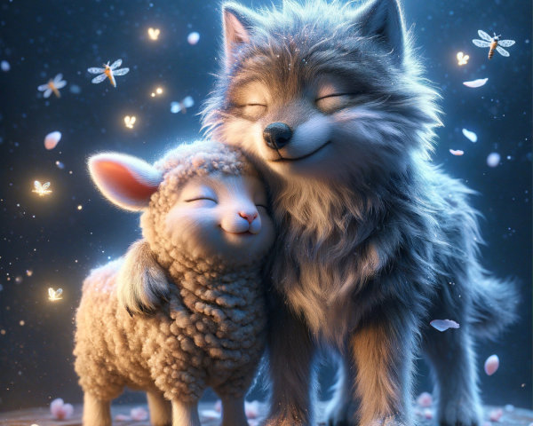 Sheep and wolf embrace in a magical nature scene