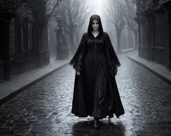 Mysterious Figure in Black Gown on Foggy Street