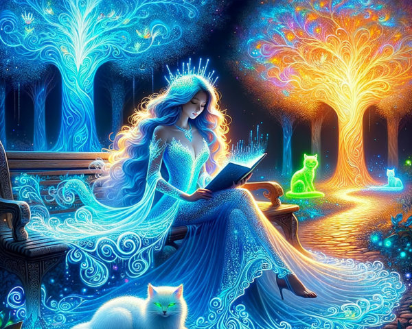 Magical Landscape with Glowing Trees and Ethereal Cats