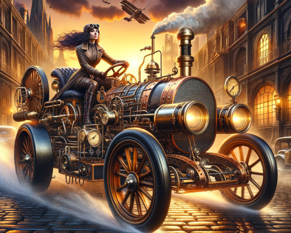 Steampunk Vehicle on Cobblestone Street at Sunset