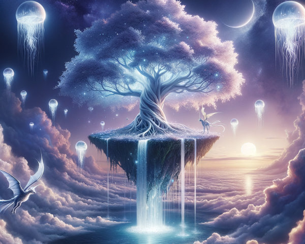 Luminous Tree in Surreal Floating Island Landscape