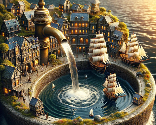 Golden Faucet and Charming Village Harbor Scene