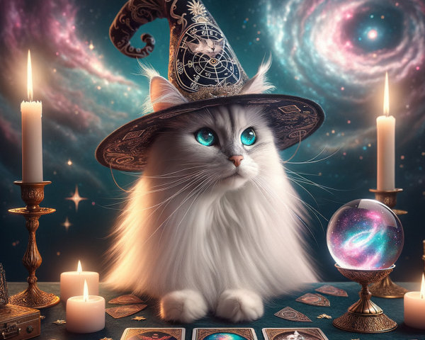 Wizard Cat with Tarot Cards and Candles on Table