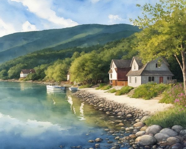 Serene Lakeside Scene with Cottages and Boats