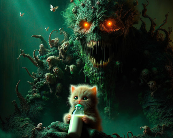 Surreal Scene of Monster and Innocent Kitten Contrast