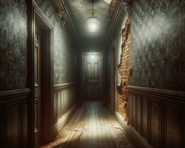 Dimly Lit Hallway with Peeling Wallpaper and Lantern