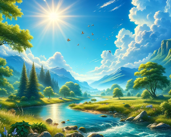 Vibrant Landscape with River and Towering Mountains