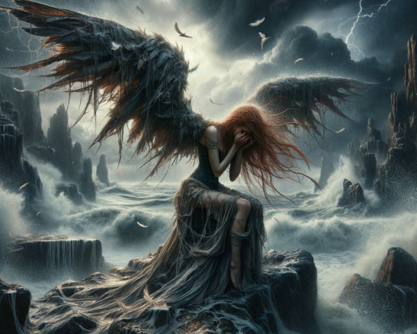 Sorrowful figure with dark wings in stormy sea scene