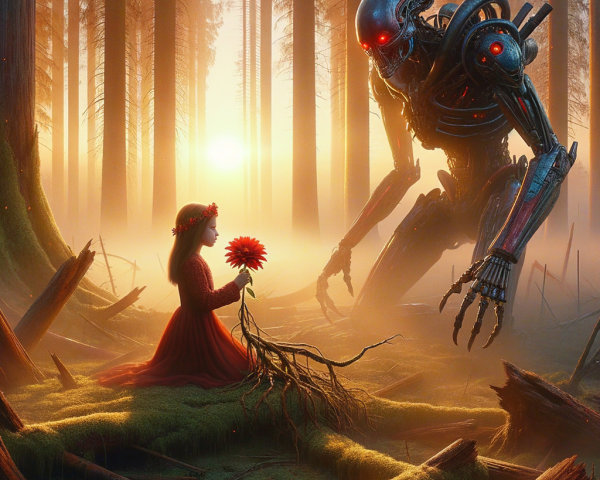 Young girl in red dress with robot in misty forest