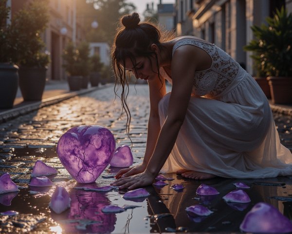 A woman kneeling with a glowing heart-shaped crystal