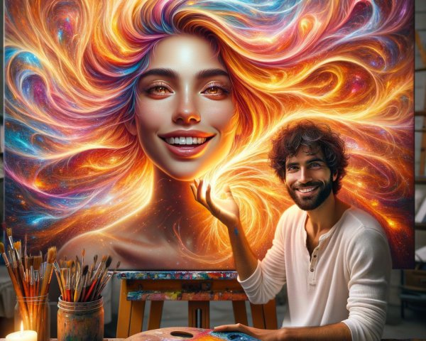 Male Artist Painting a Luminous Woman on Canvas