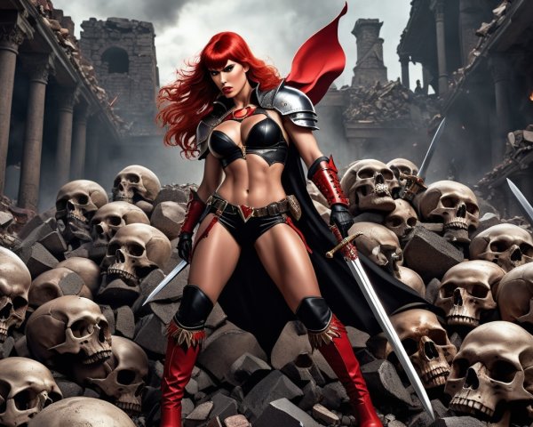 Fierce Warrior in Post-Apocalyptic Landscape