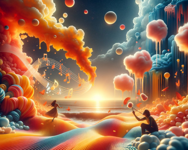 Vibrant Dreamscape with Colorful Clouds and Figures