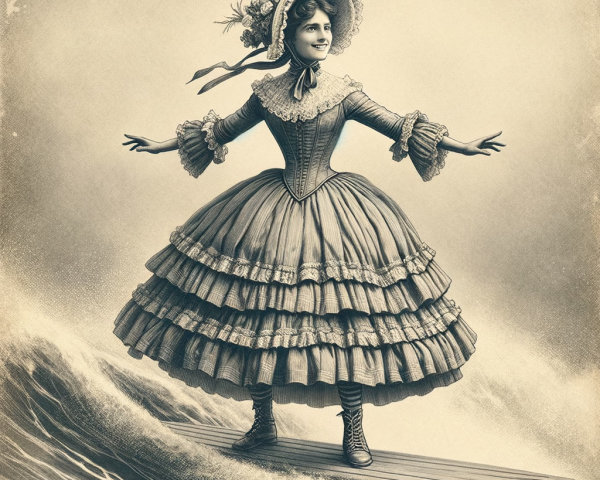 Vintage Illustration of Woman Surfing in 19th Century Attire