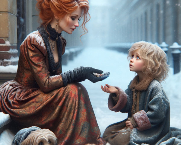 Winter Scene of Compassion with Woman and Child