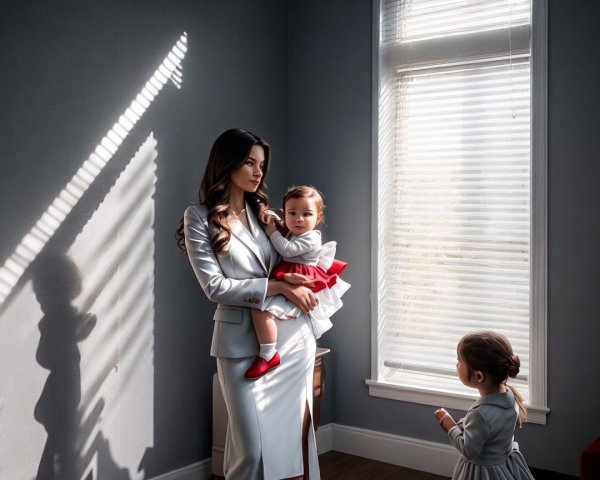 Stylish Woman with Baby and Girl by Sunlit Window