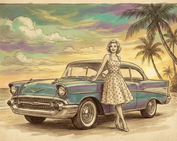 Retro Digital Illustration of Woman by Vintage Car