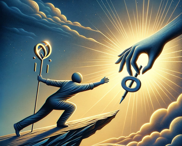 Figure on Cliff Reaching for Guiding Hand in Clouds