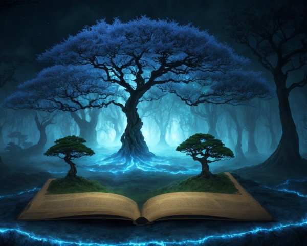 Glowing Tree in Twilight Forest with Ancient Book