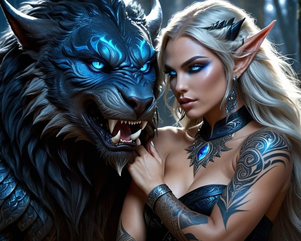 Fierce Female Warrior and Mythical Black Wolf in Forest