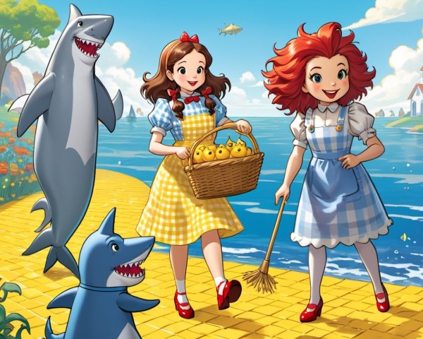 Cheerful Girls Strolling by Water with Lemons and Sharks
