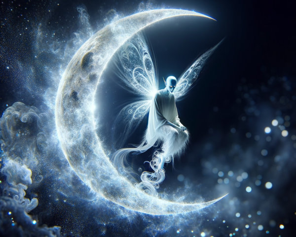 Mystical figure with wings on a crescent moon scene