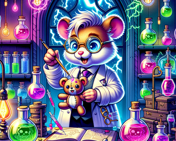 Whimsical Lab Scene with Hamster Creating Teddy Bear