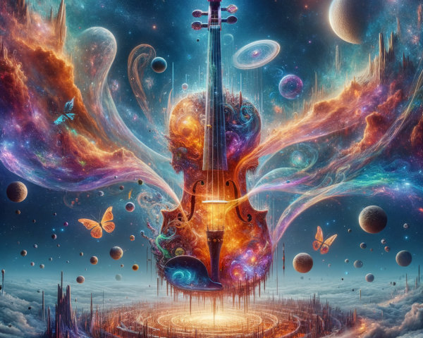 Cosmic Scene with Glowing Violin and Galaxies