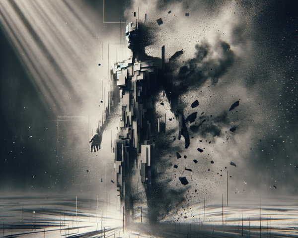 Digital Man Dissolving into Particles in Monochrome