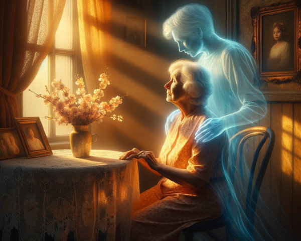 Elderly Woman in Sunlit Room with Ethereal Presence