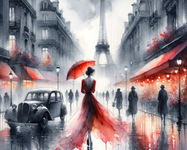 Watercolor Paris Street Scene with Eiffel Tower and Umbrella