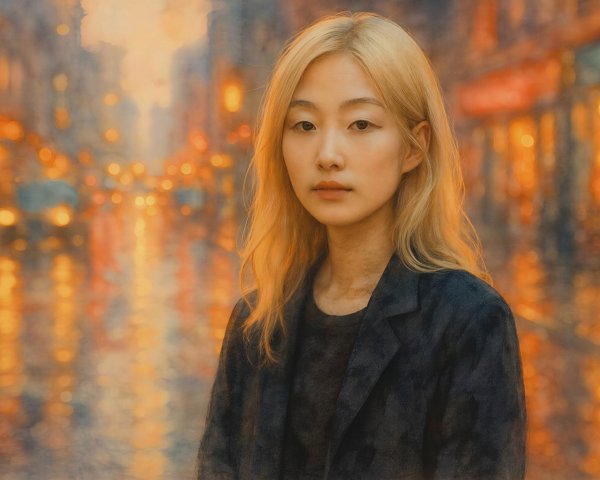 Impressionistic Painting of Young Woman in Cityscape