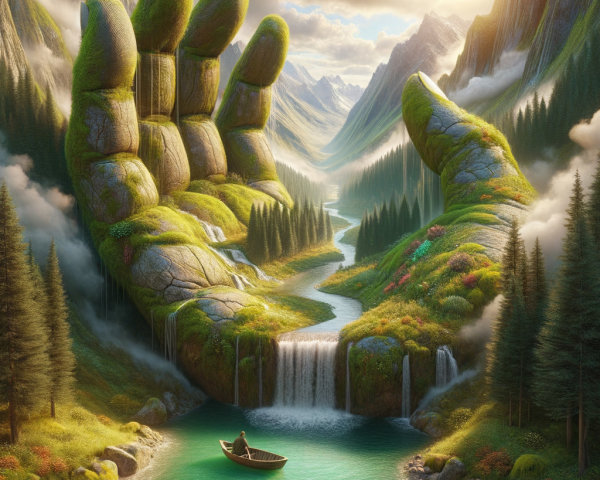 Giant Stone Hand Cradling River in Serene Landscape