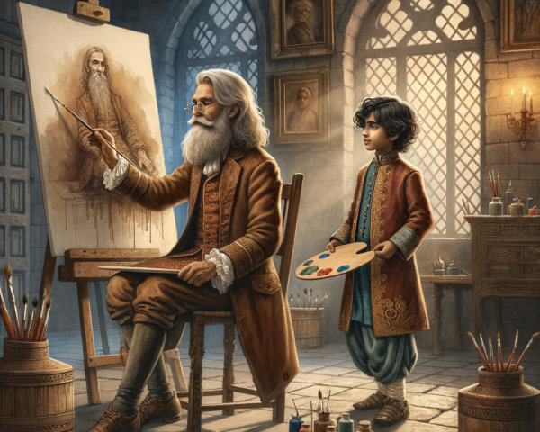 Elderly Painter and Young Boy in Creative Studio Setting