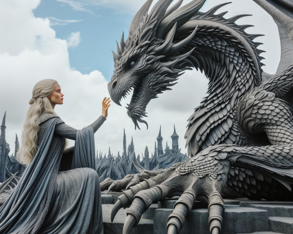 Majestic Scene of Woman and Dragon in Dramatic Landscape