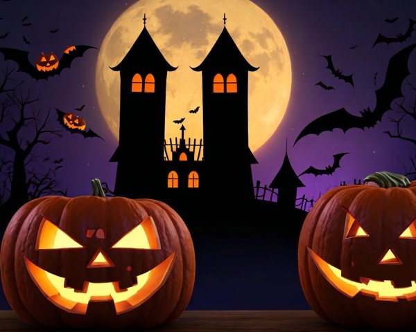 Haunted House Scene with Moon and Jack-o'-Lanterns
