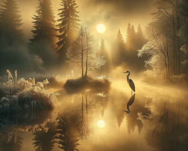 Serene Dawn Landscape with Misty Lake and Heron